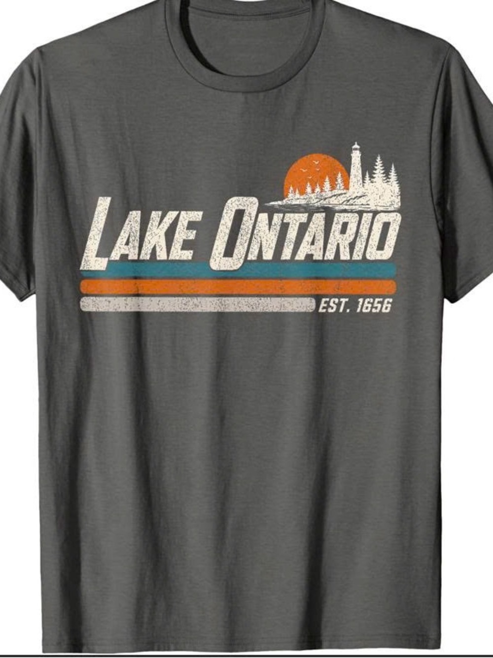 Charcoal Lake Ontario Graphic Tee with Orange & Blue Accents